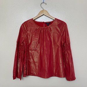 Nautica Girl's Smocked Blouse Bell Sleeve Top Size 16/XL Cherry Red Gold